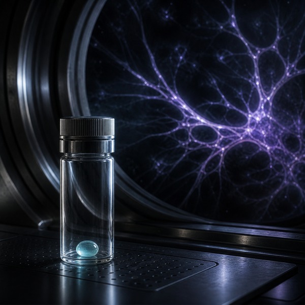 A medical vial surrounded by branching violet energy