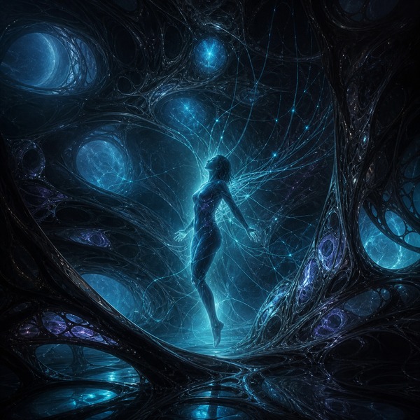 A human figure inside the luminous living architecture of a vessel