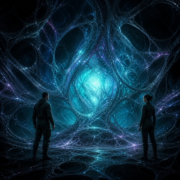 Two silhouettes facing a luminous heart inside an organic vessel